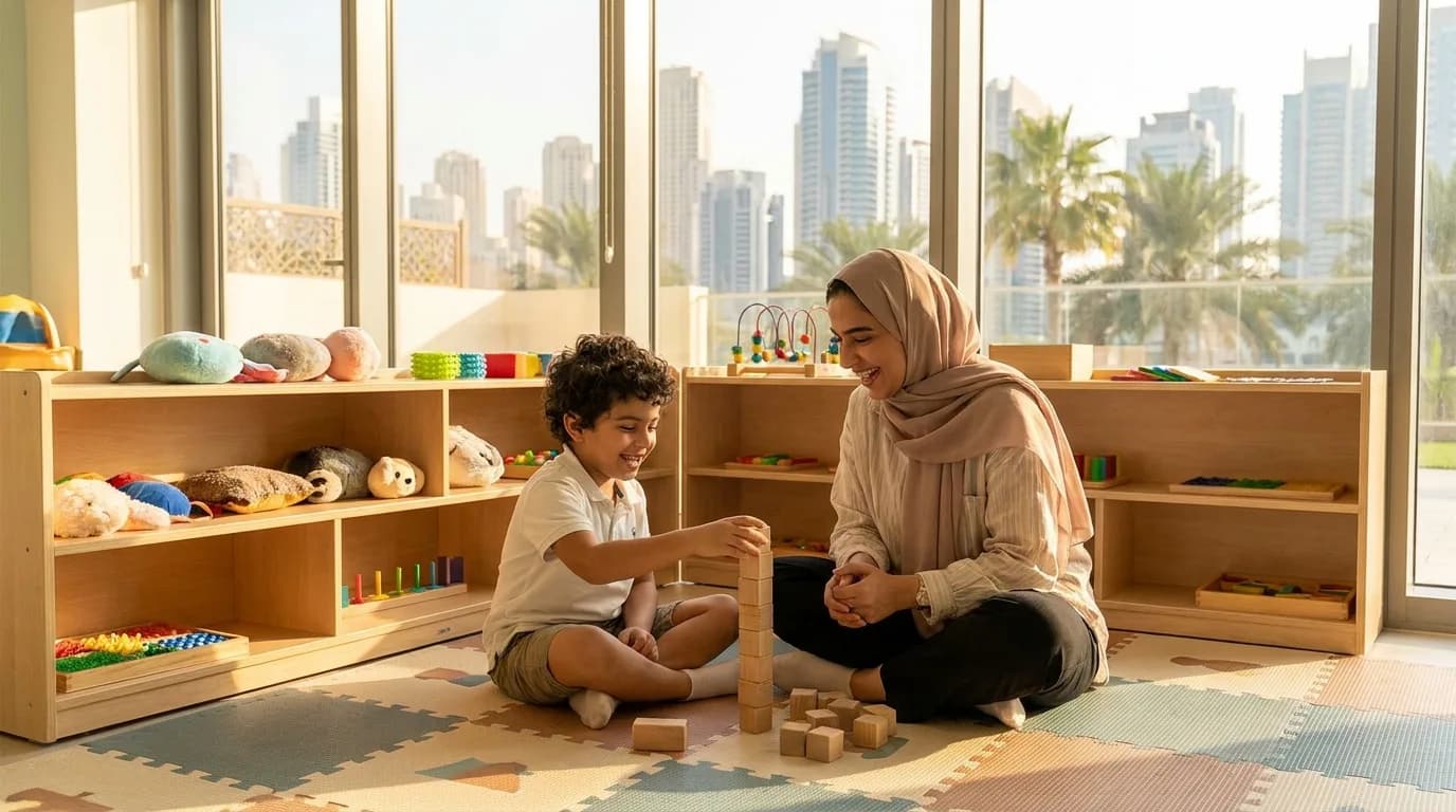 A therapist and child building blocks together at Bloom Certified Autism Center Dubai